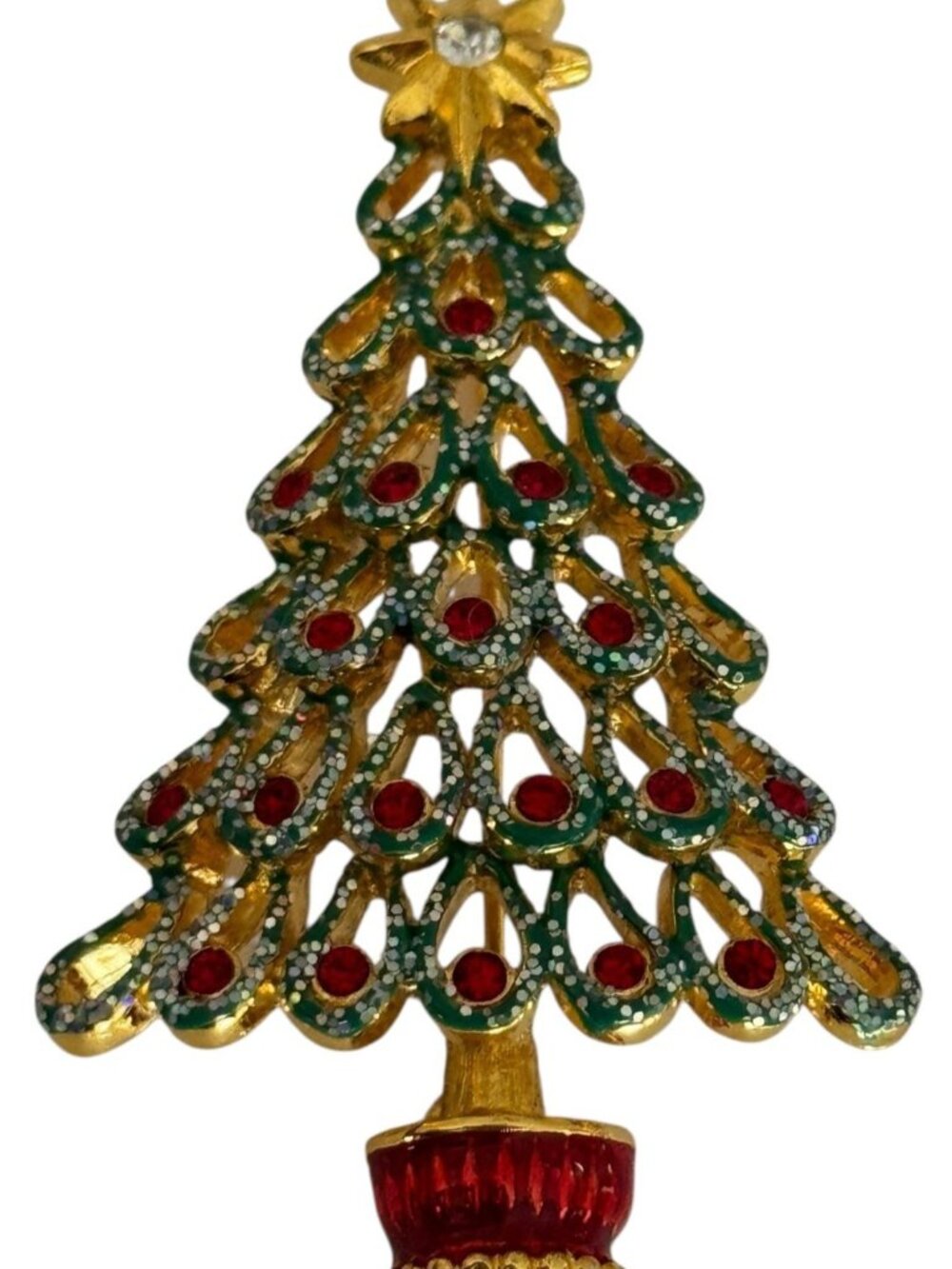 Christopher Radko Christmas Tree Brooch Pin Rhinestone Gold-Tone Holiday Jewelry